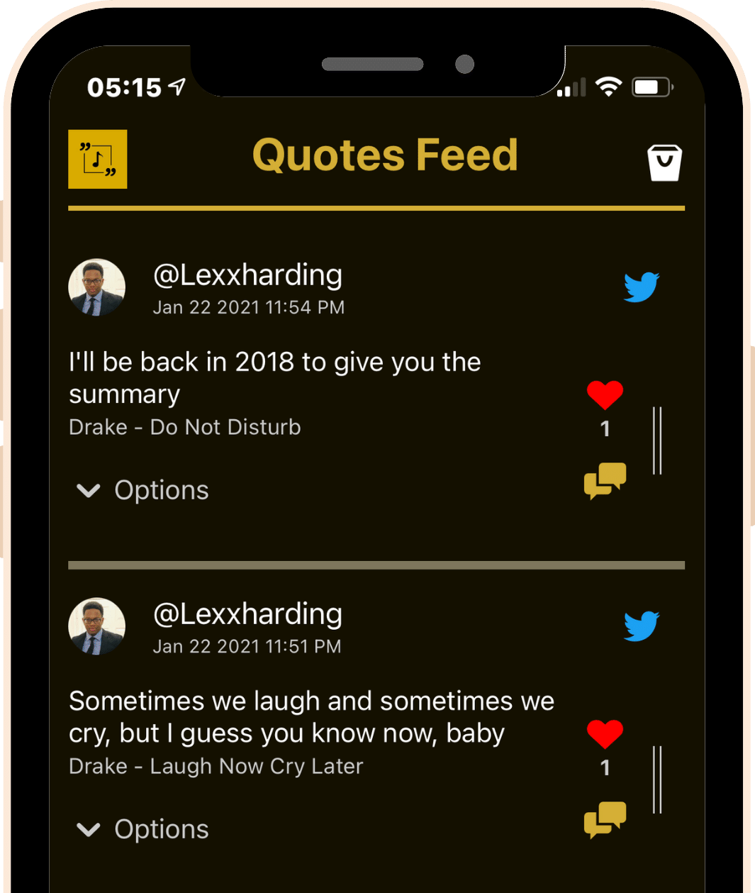 screen showing quotes posted in feed